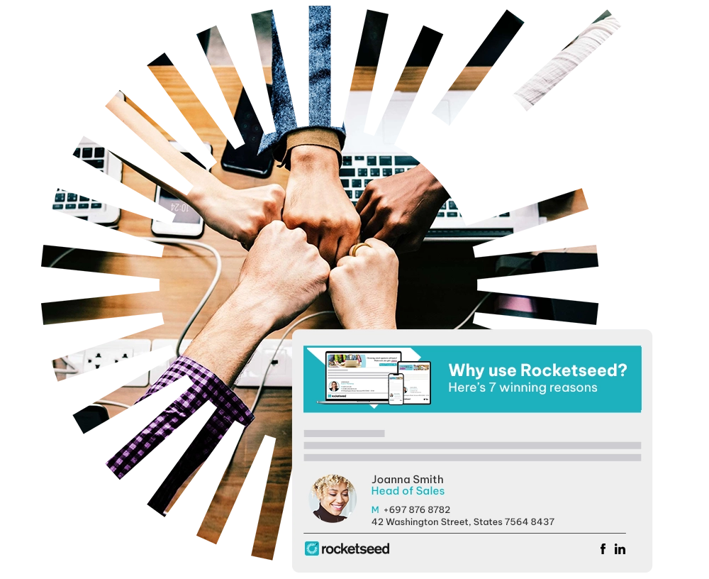 A top view image of a diverse group of people hands and a branded email signature